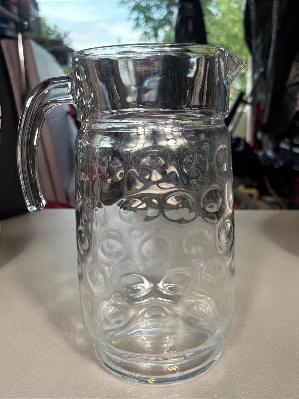 Clear Glass Bubble Circle Pattern Water Pitcher Applied Handle 9”